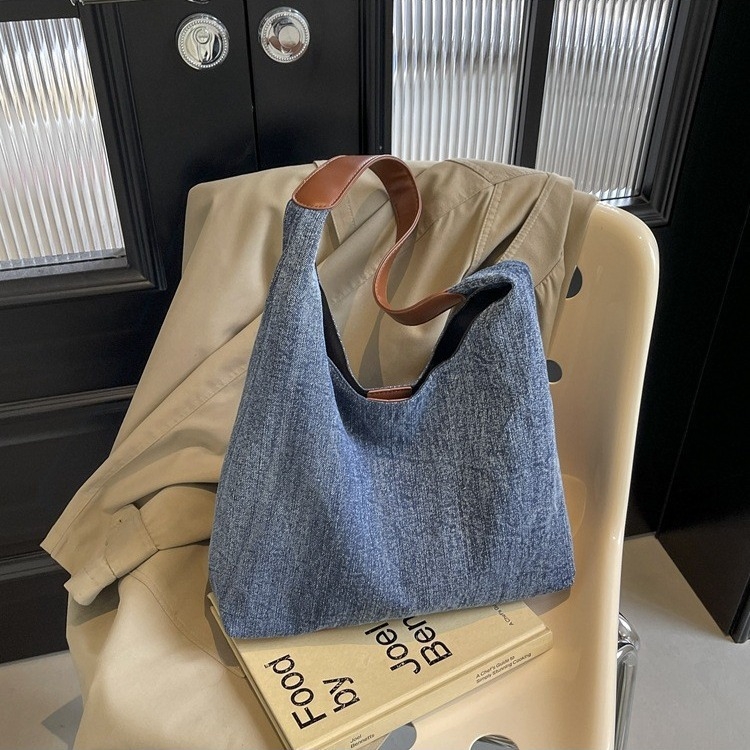 Geantă Tote din denim pentru femei, închidere magnetică, formă verticală pătrată, buzunar interior cu fermoar, căptușeală din poliester