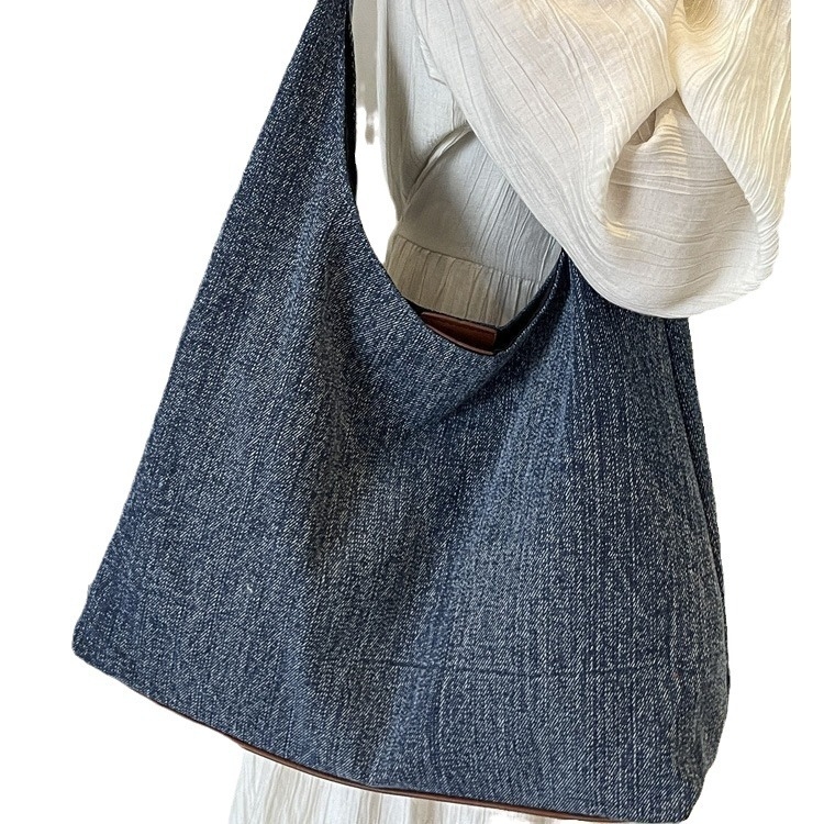 Geantă Tote din denim pentru femei, închidere magnetică, formă verticală pătrată, buzunar interior cu fermoar, căptușeală din poliester