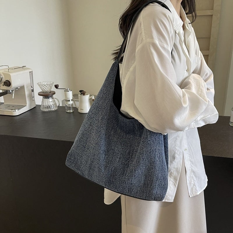 Geantă Tote din denim pentru femei, închidere magnetică, formă verticală pătrată, buzunar interior cu fermoar, căptușeală din poliester