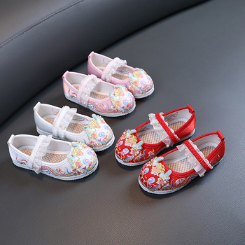 Pantofi tradiționali din pânză pentru fetițe, partea superioară din bumbac, talpă din cauciuc, model desen animat, curea elastică, respirabili și antiderapți, stil retro