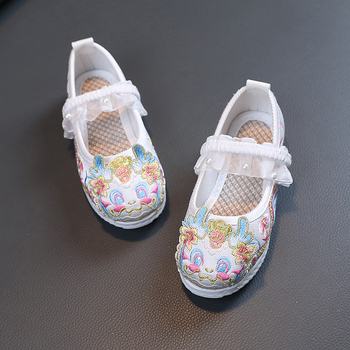 Pantofi tradiționali din pânză pentru fetițe, partea superioară din bumbac, talpă din cauciuc, model desen animat, curea elastică, respirabili și antiderapți, stil retro