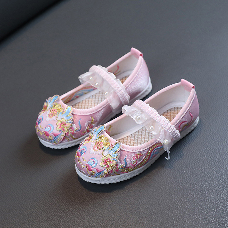Pantofi tradiționali din pânză pentru fetițe, partea superioară din bumbac, talpă din cauciuc, model desen animat, curea elastică, respirabili și antiderapți, stil retro