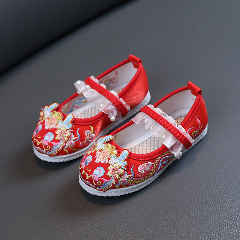 Pantofi tradiționali din pânză pentru fetițe, partea superioară din bumbac, talpă din cauciuc, model desen animat, curea elastică, respirabili și antiderapți, stil retro