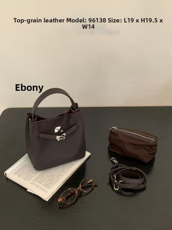 Τσάντα τύπου κουβά από δέρμα πρώτου στρώματος, κάθετης τετράγωνης μορφής, μαγνητικό κούμπωμα, τσέπη με φερμουάρ — γυναικεία ώμου τσάντα σε αστικό στυλ