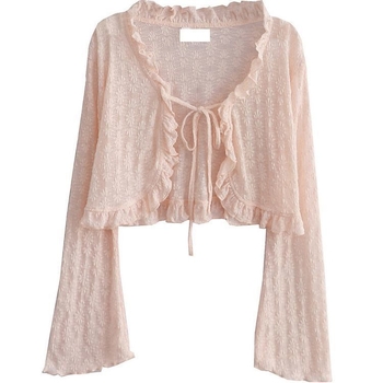 Cardigan od chenille-spandexa s čipkom, zaštita od sunca, V-izrez, dugi rukavi u stilu princeze
