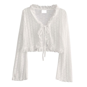 Cardigan od chenille-spandexa s čipkom, zaštita od sunca, V-izrez, dugi rukavi u stilu princeze