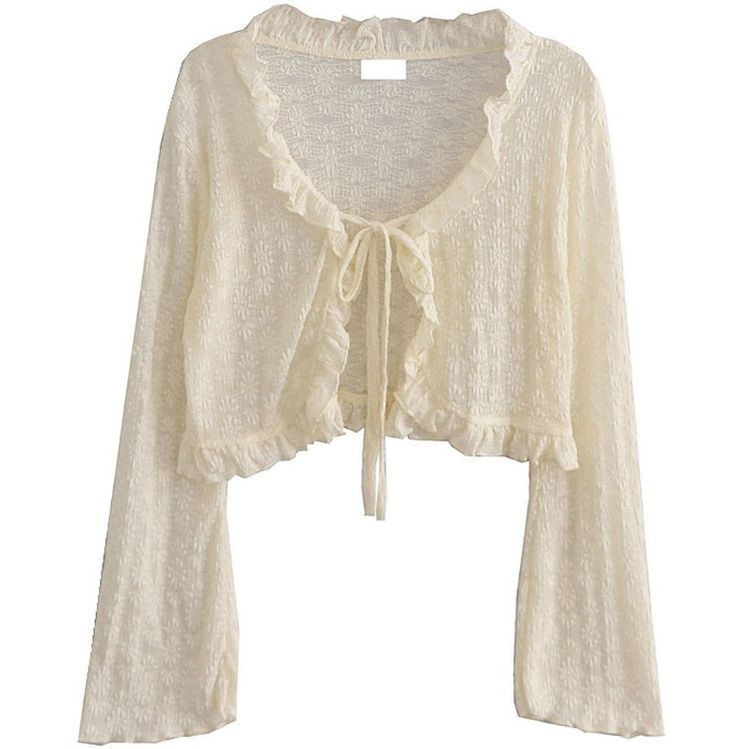 Cardigan od chenille-spandexa s čipkom, zaštita od sunca, V-izrez, dugi rukavi u stilu princeze