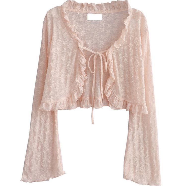 Cardigan od chenille-spandexa s čipkom, zaštita od sunca, V-izrez, dugi rukavi u stilu princeze