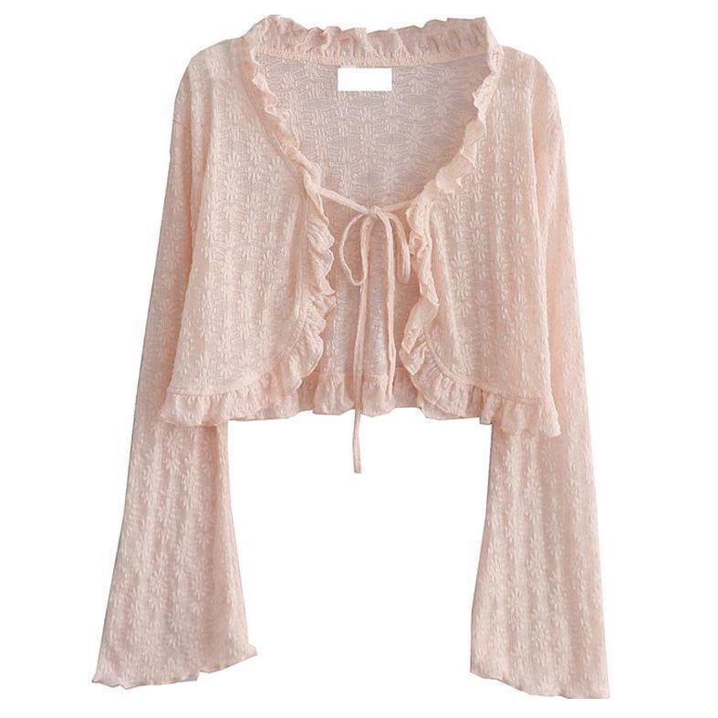 Cardigan od chenille-spandexa s čipkom, zaštita od sunca, V-izrez, dugi rukavi u stilu princeze