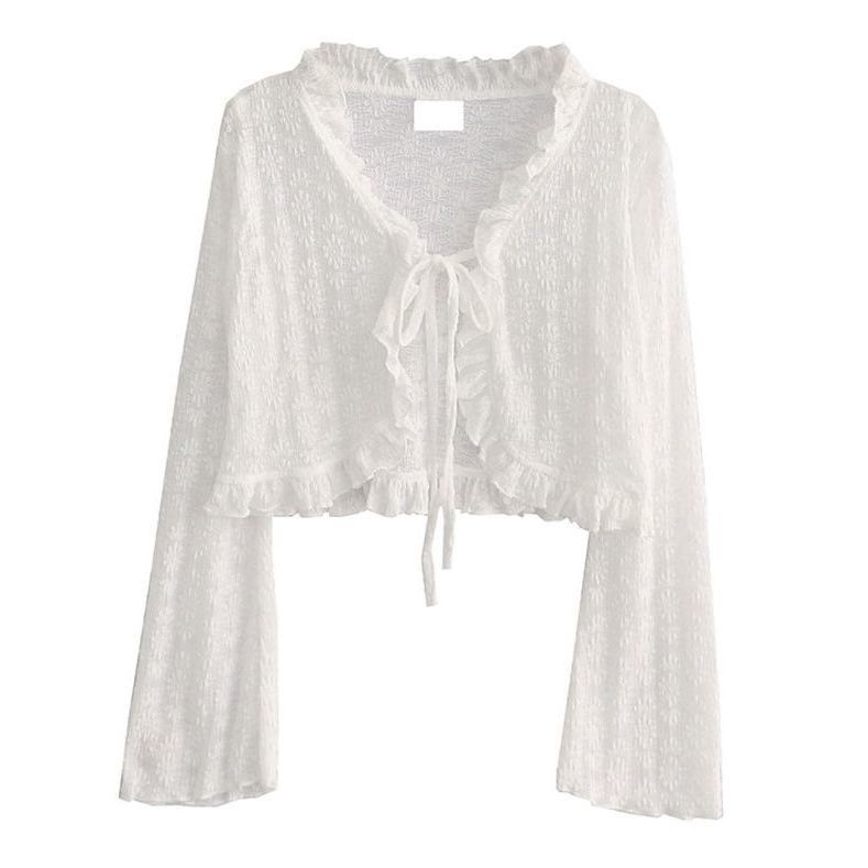 Cardigan od chenille-spandexa s čipkom, zaštita od sunca, V-izrez, dugi rukavi u stilu princeze