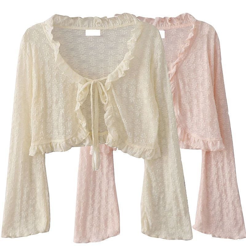 Cardigan od chenille-spandexa s čipkom, zaštita od sunca, V-izrez, dugi rukavi u stilu princeze