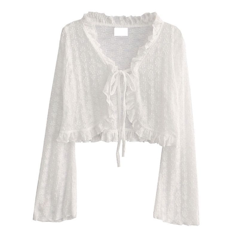 Cardigan od chenille-spandexa s čipkom, zaštita od sunca, V-izrez, dugi rukavi u stilu princeze