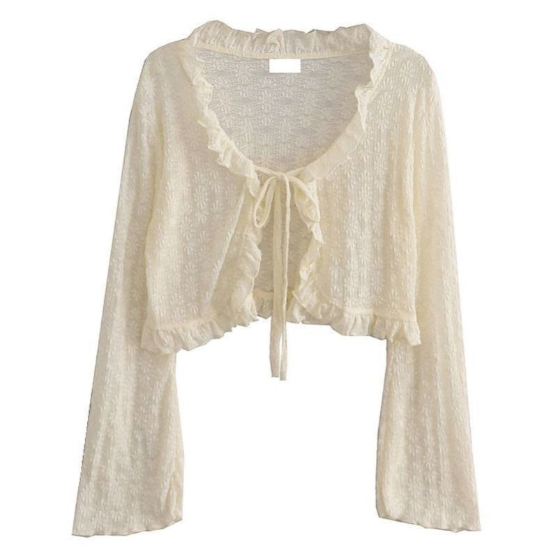 Cardigan od chenille-spandexa s čipkom, zaštita od sunca, V-izrez, dugi rukavi u stilu princeze