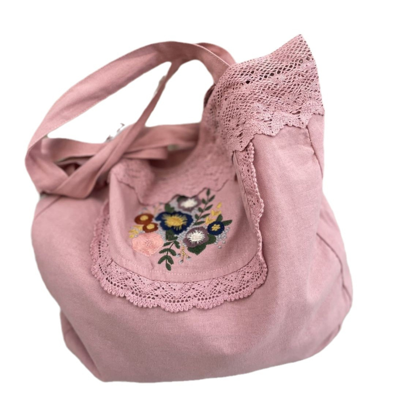 Ženska crossbody torba od pamuka s izšivanjem i čipkom, mala kvadratna torba, horizontalni kvadratni oblik, zatvarač, podstava od poliestera.