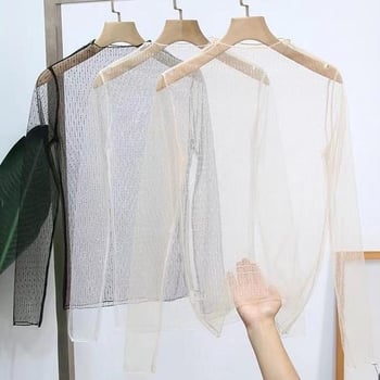 Ženska mrežasta bluza s točkastim uzorkom, dugi čipkasti rukavi, pulover stil, polu-visoki vrat