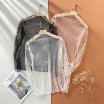 Ženska mrežasta bluza s točkastim uzorkom, dugi čipkasti rukavi, pulover stil, polu-visoki vrat