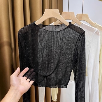 Top transparent pentru femei din plasă, cu căptușeală din dantelă, guler rotund, mâneci lungi, croială slim, poliester