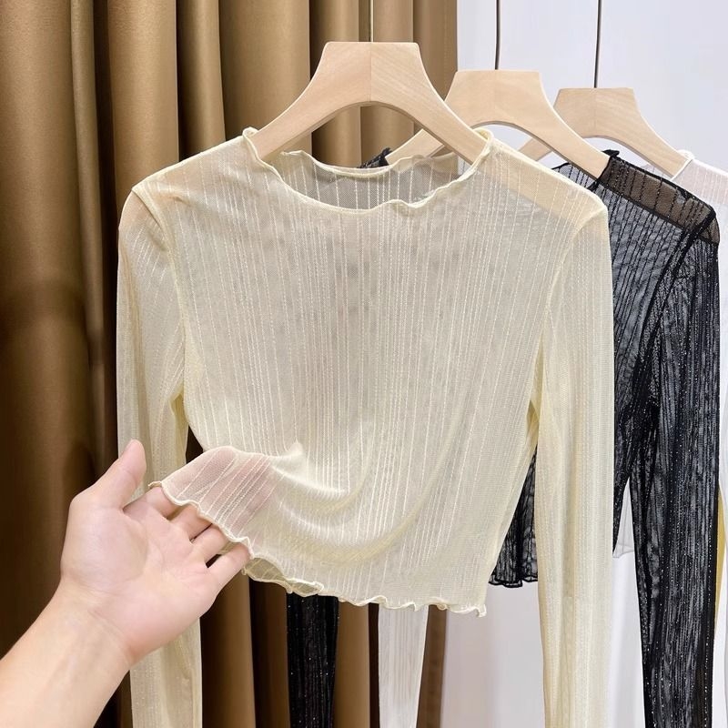 Top transparent pentru femei din plasă, cu căptușeală din dantelă, guler rotund, mâneci lungi, croială slim, poliester