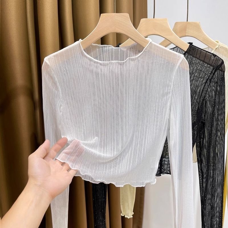 Top transparent pentru femei din plasă, cu căptușeală din dantelă, guler rotund, mâneci lungi, croială slim, poliester