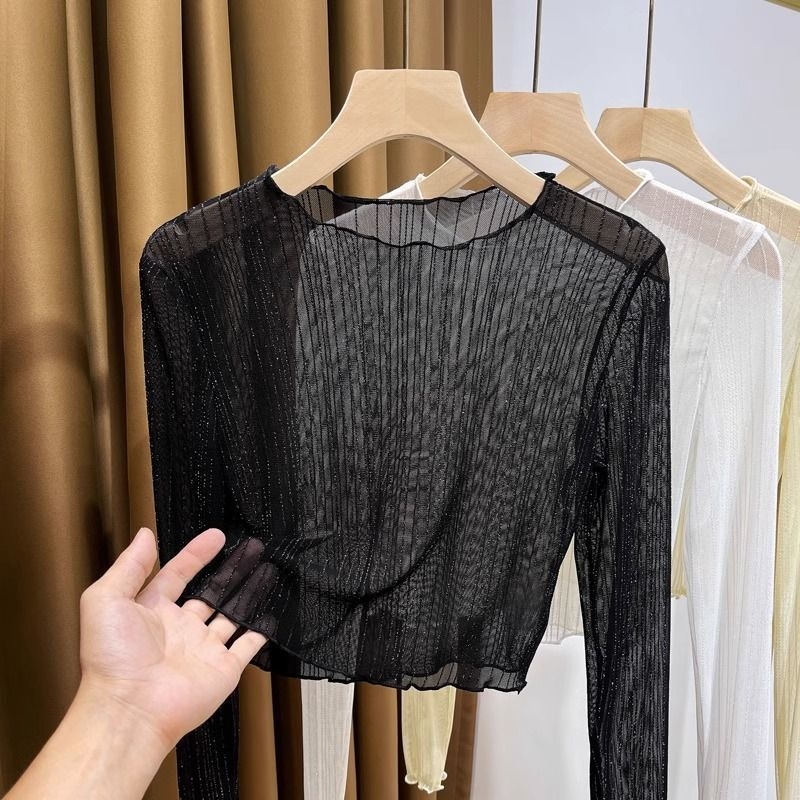 Top transparent pentru femei din plasă, cu căptușeală din dantelă, guler rotund, mâneci lungi, croială slim, poliester