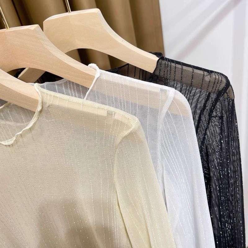 Top transparent pentru femei din plasă, cu căptușeală din dantelă, guler rotund, mâneci lungi, croială slim, poliester