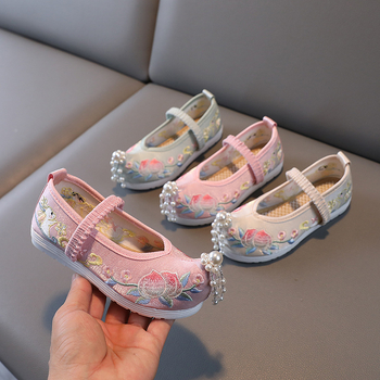 Pantofi Hanfu cu broderie pentru fete – partea superioară din mătase, căptușeală din plasă, talpă interioară din material textil, talpă din TPR, bandă elastică, stil etnic