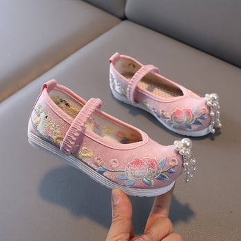 Pantofi Hanfu cu broderie pentru fete – partea superioară din mătase, căptușeală din plasă, talpă interioară din material textil, talpă din TPR, bandă elastică, stil etnic