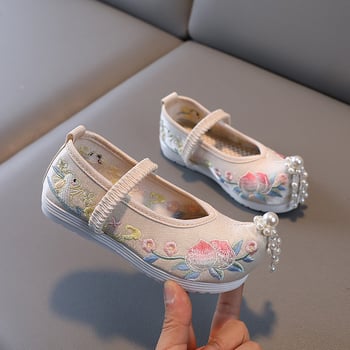 Pantofi Hanfu cu broderie pentru fete – partea superioară din mătase, căptușeală din plasă, talpă interioară din material textil, talpă din TPR, bandă elastică, stil etnic