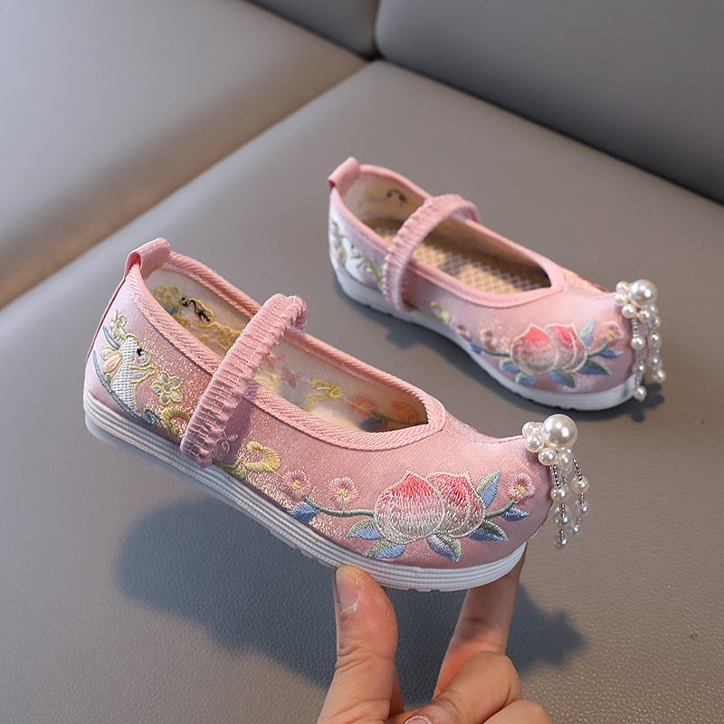 Pantofi Hanfu cu broderie pentru fete – partea superioară din mătase, căptușeală din plasă, talpă interioară din material textil, talpă din TPR, bandă elastică, stil etnic