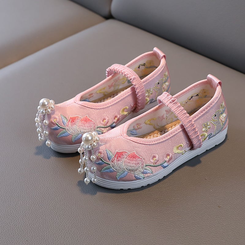 Pantofi Hanfu cu broderie pentru fete – partea superioară din mătase, căptușeală din plasă, talpă interioară din material textil, talpă din TPR, bandă elastică, stil etnic
