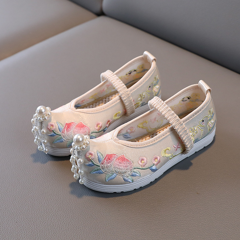 Pantofi Hanfu cu broderie pentru fete – partea superioară din mătase, căptușeală din plasă, talpă interioară din material textil, talpă din TPR, bandă elastică, stil etnic