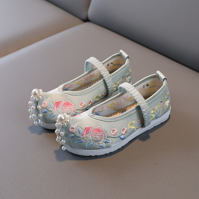 Pantofi Hanfu cu broderie pentru fete – partea superioară din mătase, căptușeală din plasă, talpă interioară din material textil, talpă din TPR, bandă elastică, stil etnic