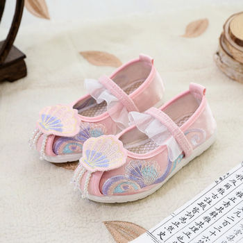 Pantofi pentru fete, cu partea superioară din mătase, branț din material textil, stil național, pentru vârsta 1-16 ani