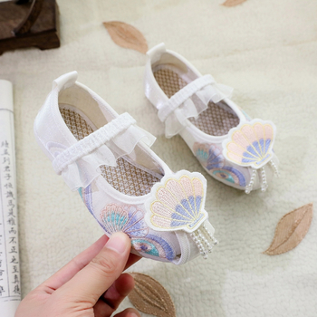 Pantofi pentru fete, cu partea superioară din mătase, branț din material textil, stil național, pentru vârsta 1-16 ani
