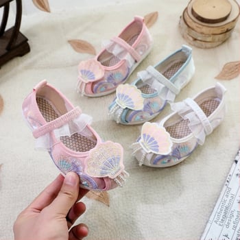 Pantofi pentru fete, cu partea superioară din mătase, branț din material textil, stil național, pentru vârsta 1-16 ani