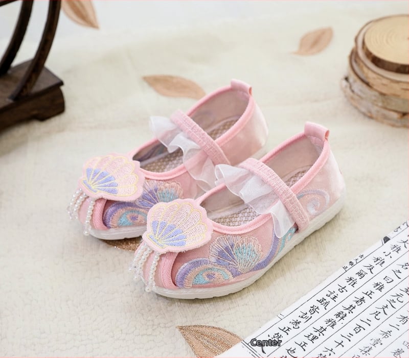 Pantofi pentru fete, cu partea superioară din mătase, branț din material textil, stil național, pentru vârsta 1-16 ani