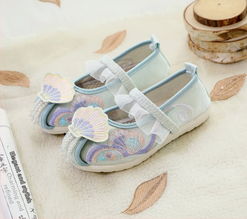 Pantofi pentru fete, cu partea superioară din mătase, branț din material textil, stil național, pentru vârsta 1-16 ani