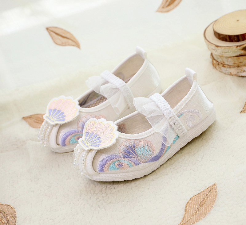 Pantofi pentru fete, cu partea superioară din mătase, branț din material textil, stil național, pentru vârsta 1-16 ani