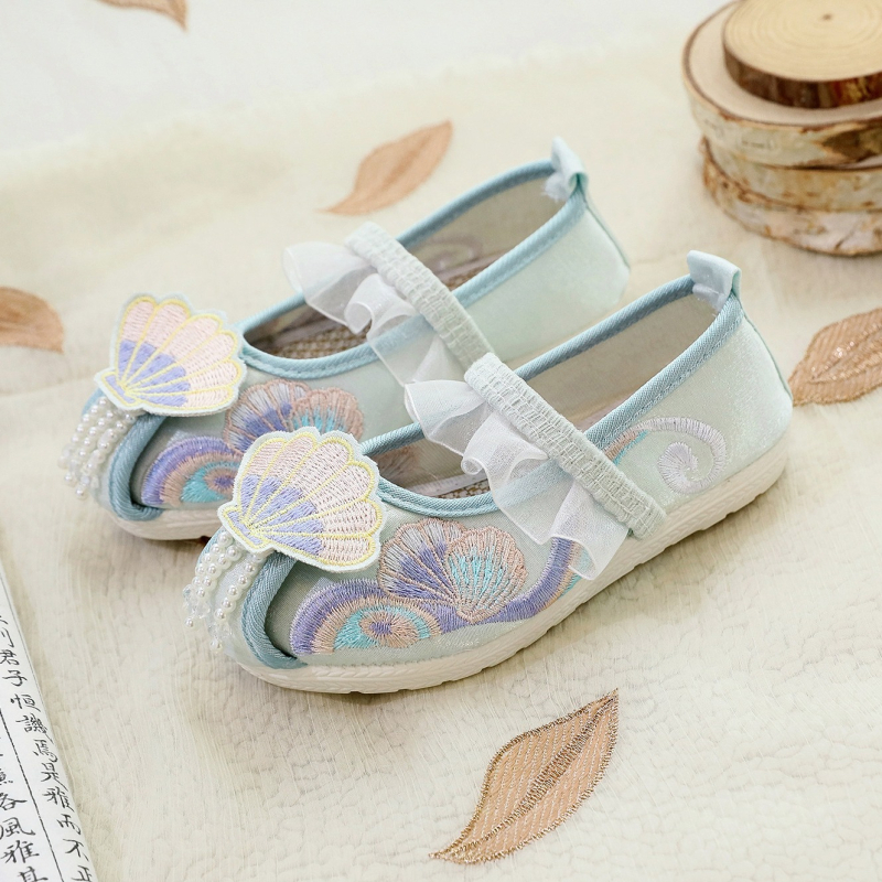 Pantofi pentru fete, cu partea superioară din mătase, branț din material textil, stil național, pentru vârsta 1-16 ani