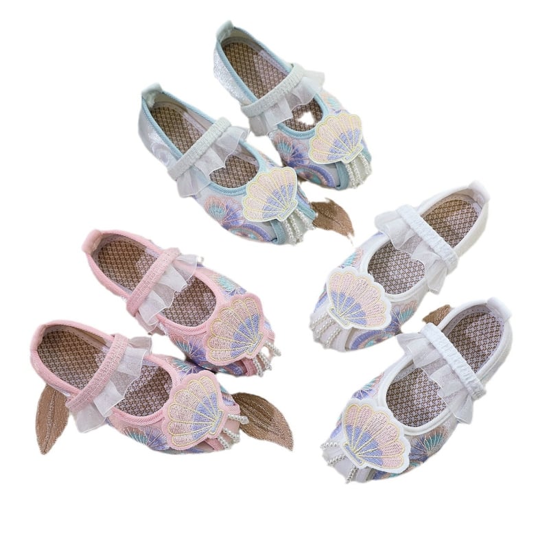 Pantofi pentru fete, cu partea superioară din mătase, branț din material textil, stil național, pentru vârsta 1-16 ani