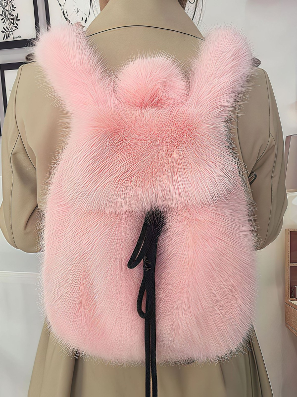 Σακίδιο με τεχνητή γούνα αλεπούς, κλείσιμο με κορδόνι, μεγάλη χωρητικότητα, εσωτερική θήκη για κινητό, τρισδιάστατος εξωτερικός σχεδιασμός