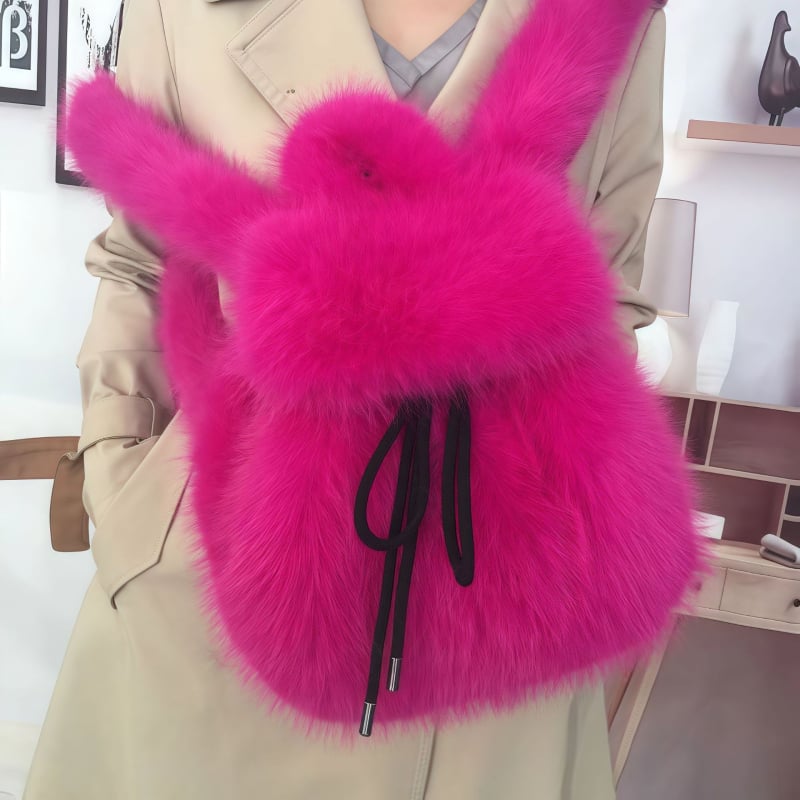 Σακίδιο με τεχνητή γούνα αλεπούς, κλείσιμο με κορδόνι, μεγάλη χωρητικότητα, εσωτερική θήκη για κινητό, τρισδιάστατος εξωτερικός σχεδιασμός