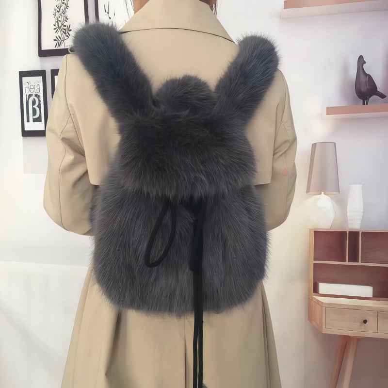 Σακίδιο με τεχνητή γούνα αλεπούς, κλείσιμο με κορδόνι, μεγάλη χωρητικότητα, εσωτερική θήκη για κινητό, τρισδιάστατος εξωτερικός σχεδιασμός