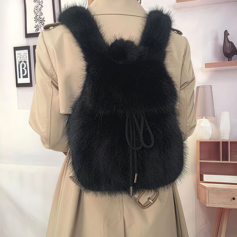 Σακίδιο με τεχνητή γούνα αλεπούς, κλείσιμο με κορδόνι, μεγάλη χωρητικότητα, εσωτερική θήκη για κινητό, τρισδιάστατος εξωτερικός σχεδιασμός