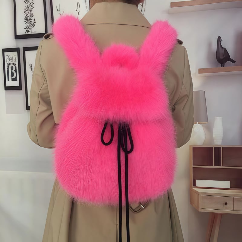 Σακίδιο με τεχνητή γούνα αλεπούς, κλείσιμο με κορδόνι, μεγάλη χωρητικότητα, εσωτερική θήκη για κινητό, τρισδιάστατος εξωτερικός σχεδιασμός