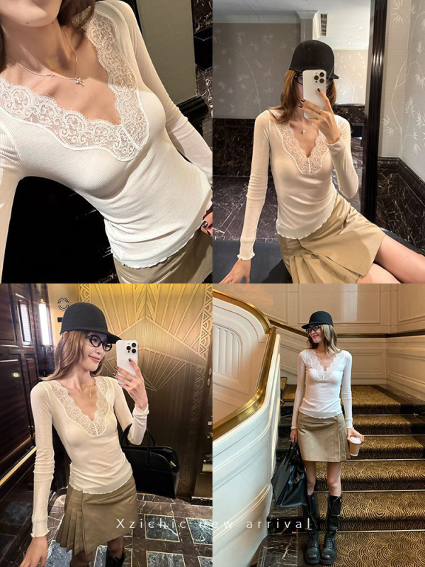 Ženska majica od poliestersko-pamučne mješavine s V-izrezom, dugi rukav, izšivana, slim fit
