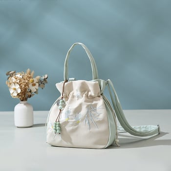 Geantă bucket în stil literar-național, material Oxford, închidere cu șnur, căptușeală poliester