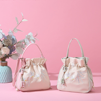 Geantă bucket în stil literar-național, material Oxford, închidere cu șnur, căptușeală poliester