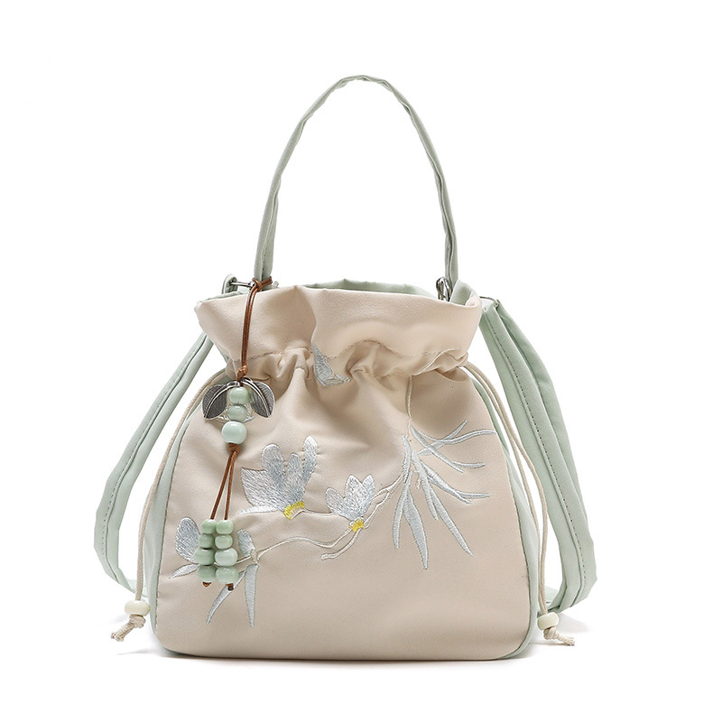 Geantă bucket în stil literar-național, material Oxford, închidere cu șnur, căptușeală poliester