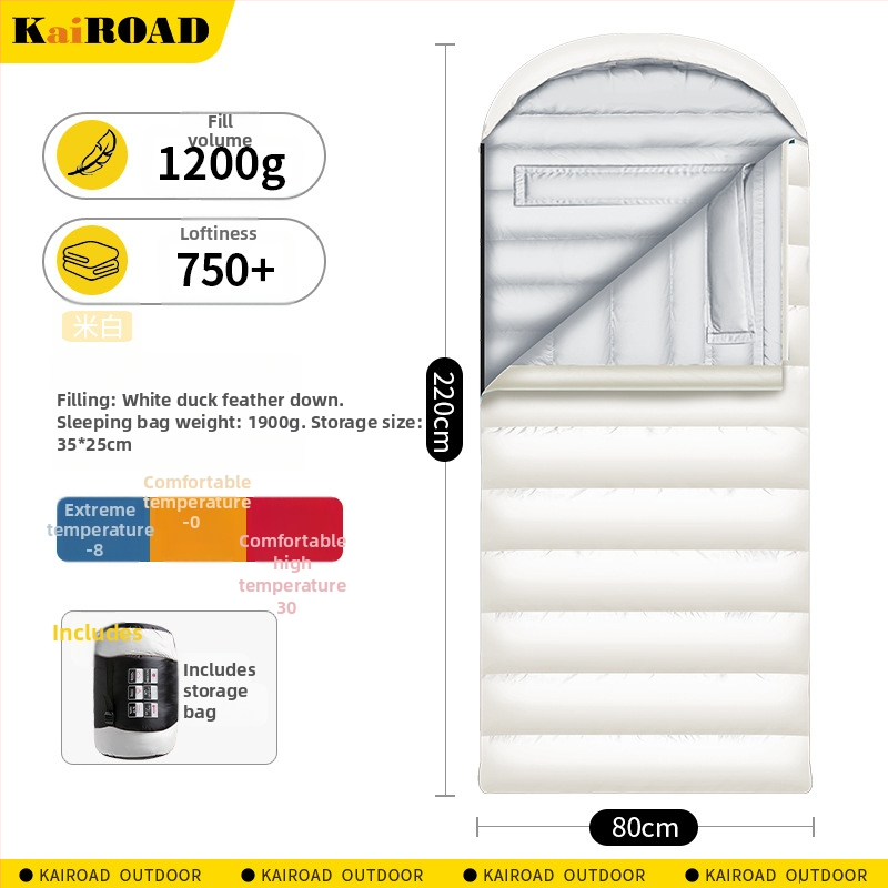 Spací vak s kačacím perím pre vonkajšie použitie – obálkový štýl, podšívka 320T šetrná k pokožke CHUNYA, vonkajší materiál 320T nepremokavný nylon, hmotnosť 4000 g